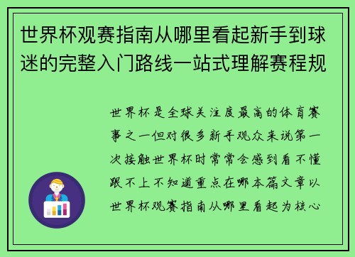 世界杯观赛指南从哪里看起新手到球迷的完整入门路线一站式理解赛程规则看点 世界杯观赛指南从哪里看起新手到球迷的完整入门路线一站式理解赛程规则看点